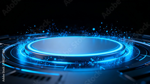 Futuristic blue circular platform with glowing particles