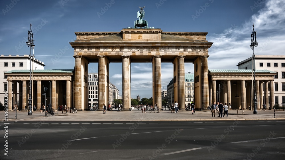 Naklejka premium Brandenburg Gate: An iconic neoclassical monument stands majestically under a clear, azure sky, showcasing its grandeur.