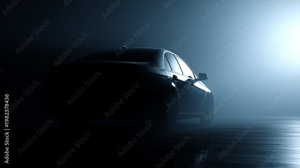 Naklejka premium Dark car silhouette with dramatic blue light on dark foggy background, mysterious automotive concept with copy space