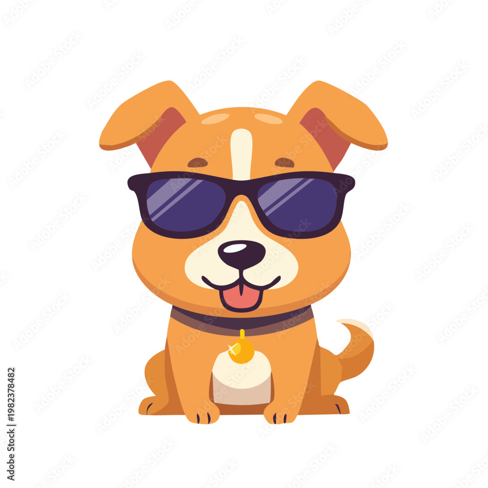 Naklejka premium Cute cartoon dog wearing sunglasses with a friendly and happy expression