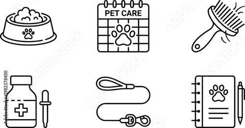 A collection of black and white line drawings depicting various pet care related items and tools