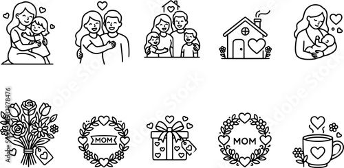 Set of black outline icons for Mother's Day featuring a mother with child, family, flowers, gift box, and heart symbols representing love, care, and home comfort