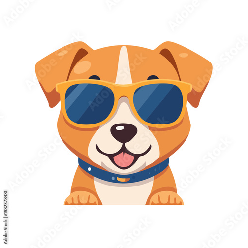 A cool dog wearing sunglasses and collar, smiling and cute, is ready for a relaxing day