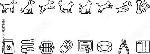 A collection of black and white line icons depicting dogs, cats, and pet care items