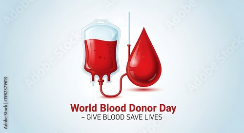 Illustration of a blood bag and a large blood drop, with text for World Blood Donor Day