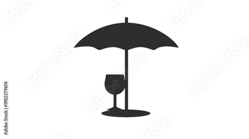 Black silhouette vector icon of an outdoor patio umbrella and wine glass, representing summer relaxation and beverages.