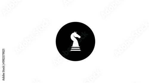 Minimalist black and white chess knight icon in a circle. Strategic game piece symbol for intellect, planning, and challenge.