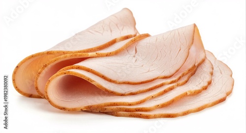 A stack of sliced turkey breast on a white background