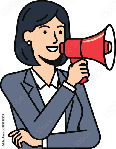 A woman in a business suit holding a red megaphone