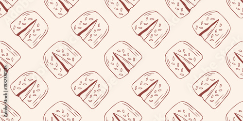 Seamless pattern with rustic bread halves and seeds, brown outline doodle flat retro style. Minimalist hand drawn vector for bakery packaging, cafe textile or food branding, beige background.