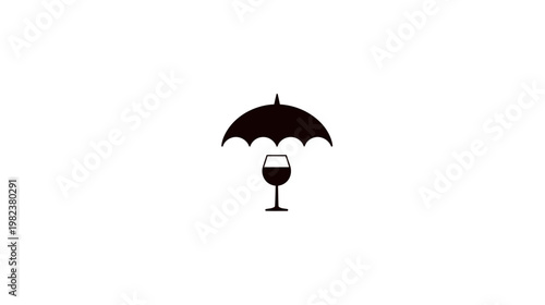 Black silhouette of an umbrella protecting a wine glass, minimalist graphic design for beverage safety or care concept.