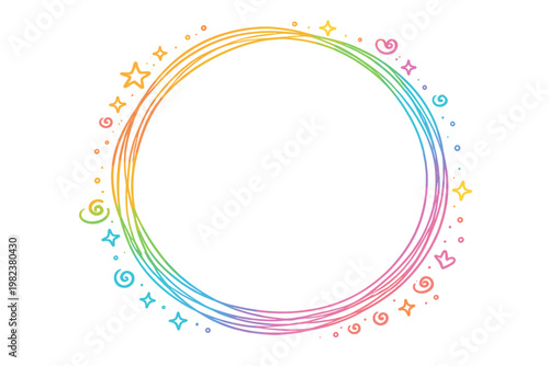 Vibrant Rainbow Gradient Round Line Frame with Hand-Drawn Doodle Stars and Swirls; Fun Children's Circle Shape Border for Kids Invitations, School Projects, and Creative Graphic Design Vector Art