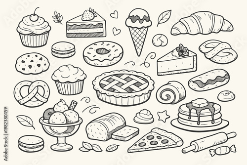 Hand-drawn collection of dessert and bakery sketches featuring cupcakes, donuts, ice cream, cakes, croissants, bread, and pancakes. Vintage line art for cafe menus, baking blogs, and food branding.