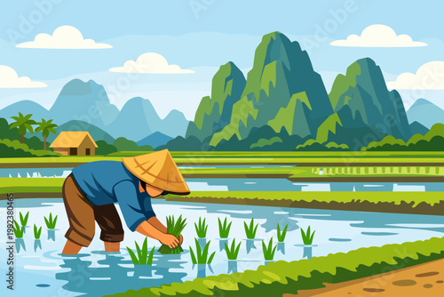 Flat Vector Illustration of a Traditional Asian Farmer Wearing a Conical Hat Planting Rice Seedlings in a Flooded Paddy Field with Scenic Karst Mountains, Rural Hut, and Palm Trees in the Background
