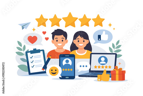 Customer satisfaction and five-star rating concept. Flat vector illustration featuring a happy man and woman with digital devices, feedback icons, thumbs up, and positive online reviews.