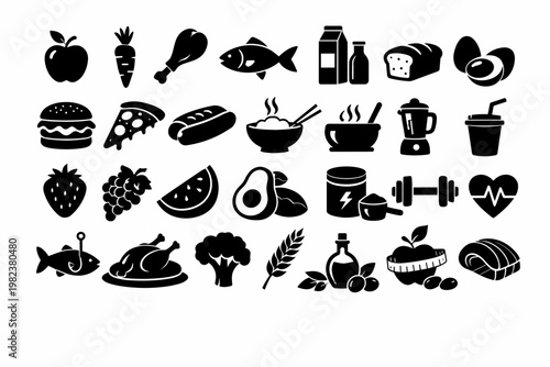 Food and Nutrition Silhouette Icons Set featuring Healthy and Junk Food, Fruits, Vegetables, Meat, Dairy, Fitness Equipment, and Diet Symbols for Healthy Lifestyle, Wellness, and Nutrition Design.