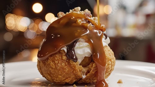 Close-up of a decadent fried ice cream dessert with chocolate sauce and nuts on a white plate
