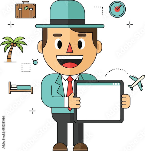 A cartoon man holding a tablet with travel related icons around him