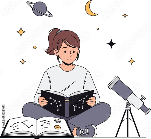 A girl reading a book about stars and planets