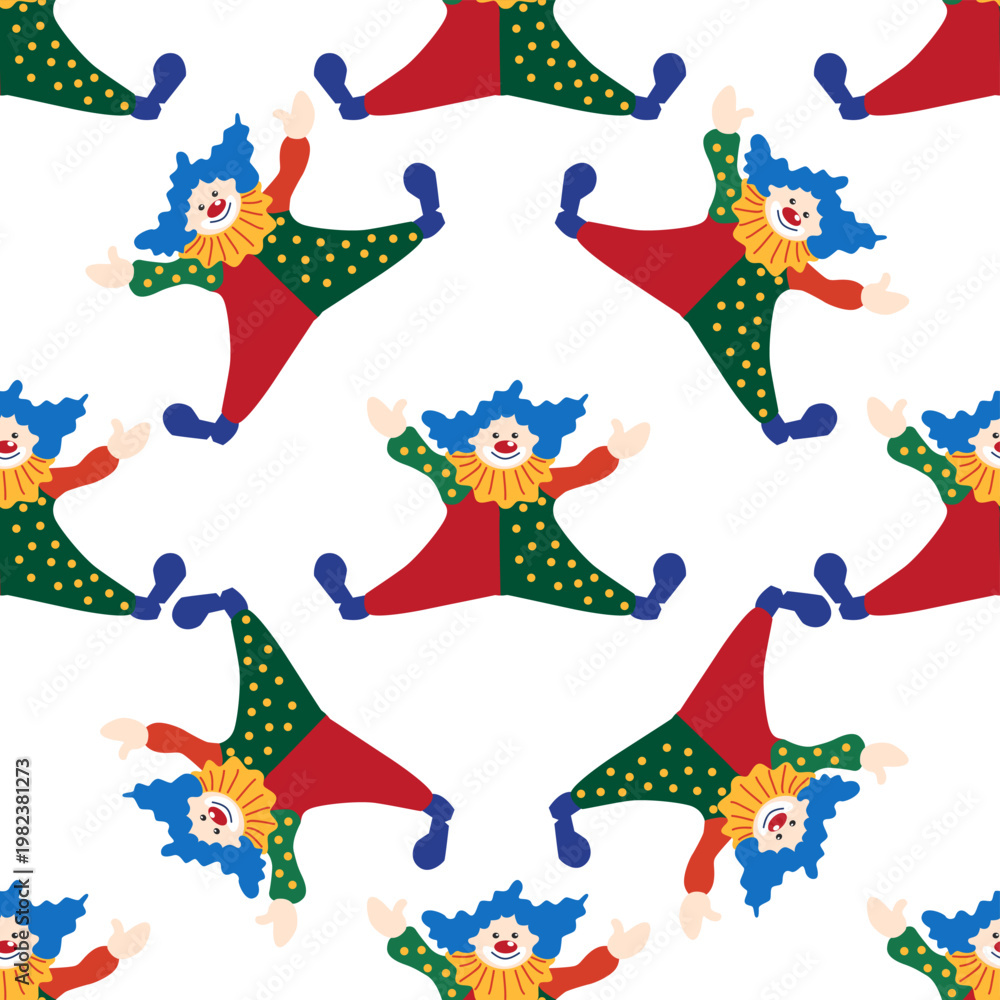 Naklejka premium Seamless pattern with a CIRCUS theme. Circus clown character. Flat cartoon style