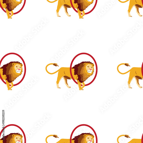 Seamless pattern with a CIRCUS theme. Circus lion character. Flat cartoon style