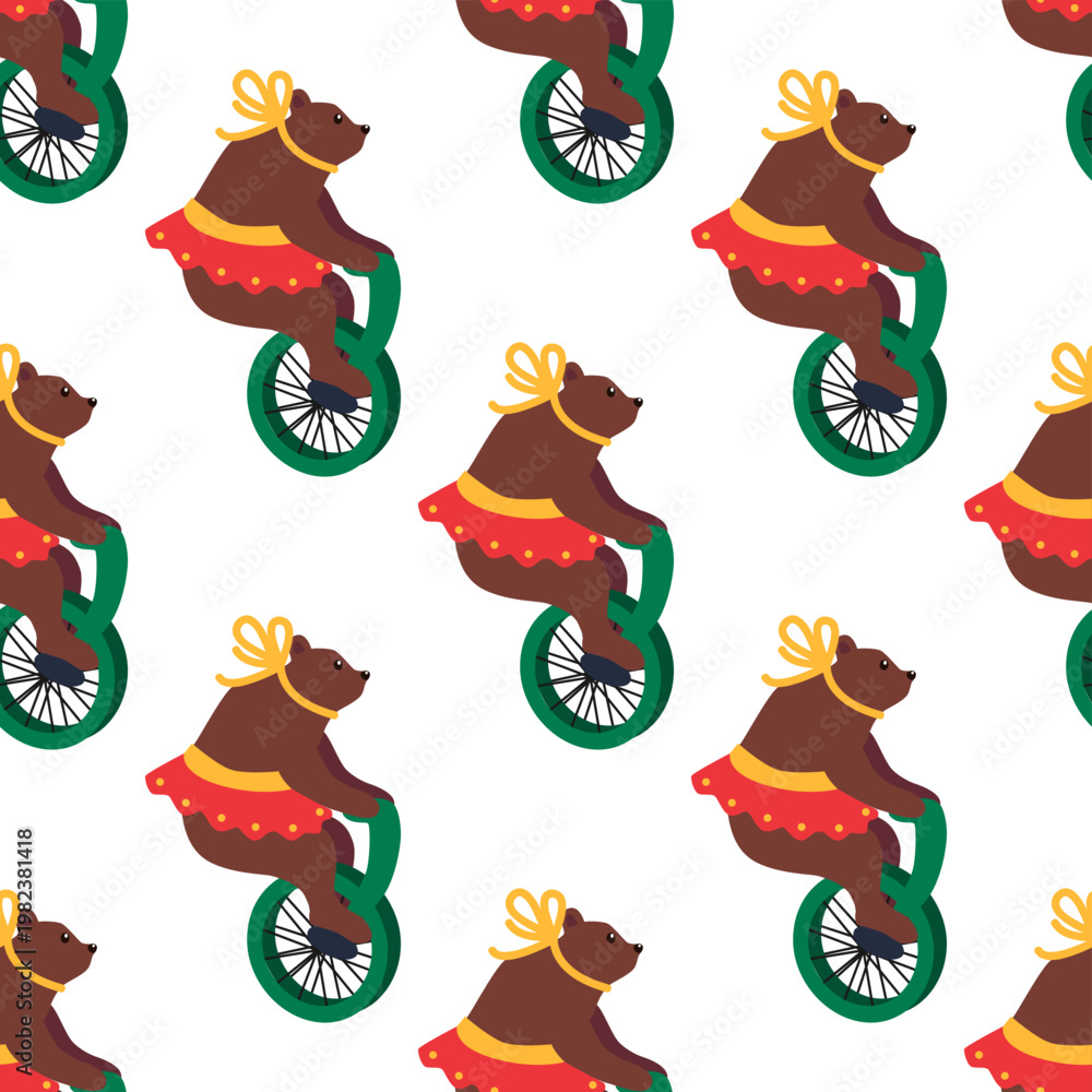 Fototapeta premium A seamless pattern with a CIRCUS theme. A circus bear character on a bicycle. Flat cartoon style