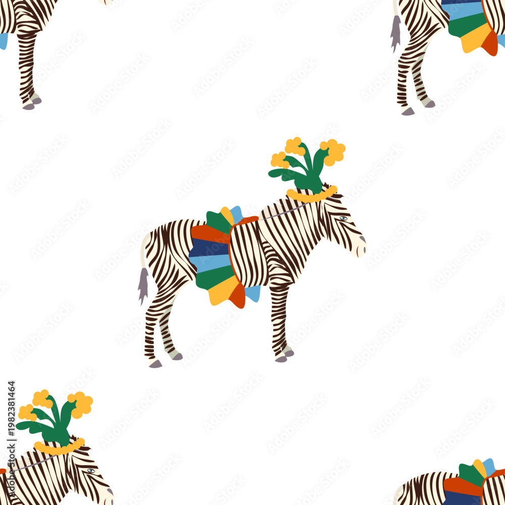 Fototapeta premium Seamless pattern with a CIRCUS theme. Circus zebra characters. Flat cartoon style