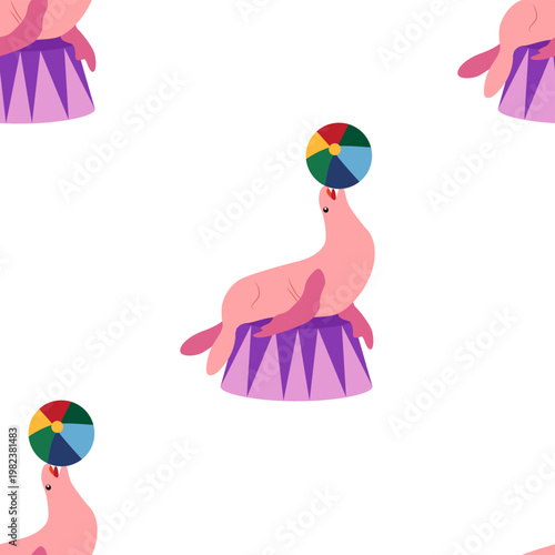 Seamless pattern with a CIRCUS theme. Circus characters, including a seal. Flat cartoon style