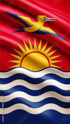 Waving Flag of Kiribati with Frigatebird, Golden Rising Sun and Blue Ocean Waves, Patriotic National Symbol Illustration