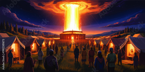 Ancient tabernacle camp under fiery divine pillar at night, biblical worship scene with glowing sanctuary, crowd, tents, and mountains