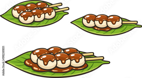 Mitarashi Dango on Leaves Vector Illustration