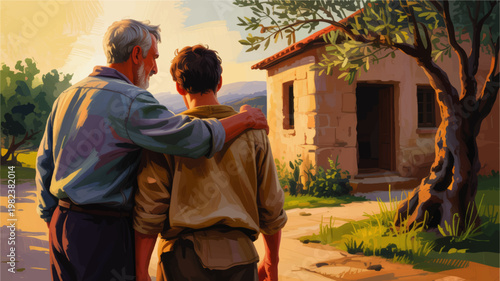 Warm sunset illustration of father and son embracing near rustic countryside house with olive tree and peaceful rural landscape