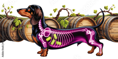 Dachshund Xray Illustration with Wine Corks in Stomach, Vineyard Barrels Background, Funny Pet Health and Gastrointestinal Concept