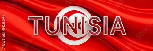 Tunisia text over waving national flag with red fabric texture, white circle, crescent and star patriotic banner background