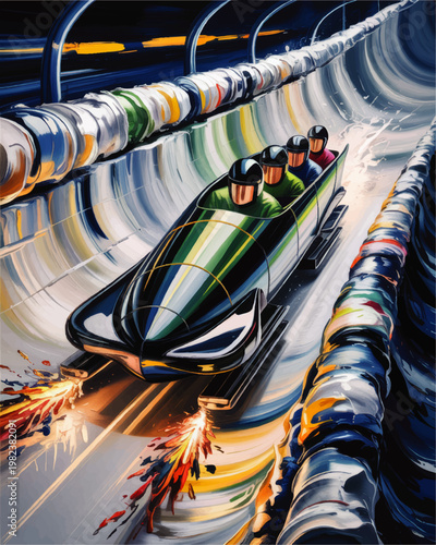 Four Person Bobsled Racing Through Icy Track at High Speed Dynamic Winter Sport Illustration with Motion and Sparks