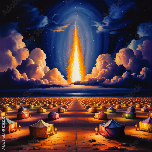 Dramatic Night Desert Camp with Glowing Tents and Fiery Heavenly Light Beam Under Storm Clouds, Fantasy Landscape Painting