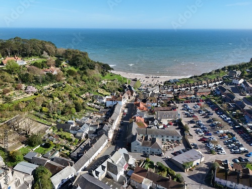 Konstfotografi Beer Village Devon England UK drone aerial view of high street