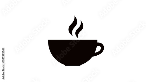 Hot coffee or tea cup icon with rising steam, minimalist black silhouette graphic element on a clean white background, digital design resource