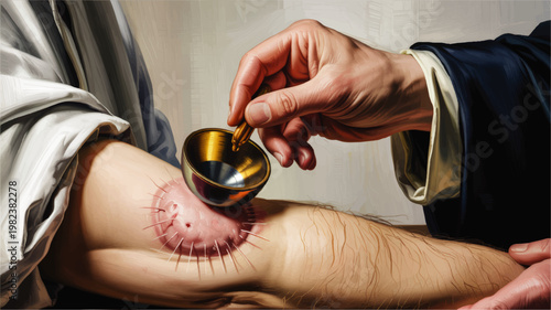 Historical cupping therapy on inflamed skin with brass cup and physician hand, classical medical treatment painting illustration