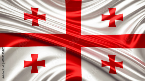 Waving Georgia National Flag Close Up, Red Cross and Four Bolnur Katskhuri Crosses on White Silk Fabric Background