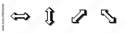 Pixel resize arrows icons set, 8-bit horizontal vertical and diagonal move symbols, retro blocky UI transform icons, vector illustration.
