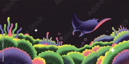 Neon manta ray gliding above colorful coral reef in dark ocean, vibrant fantasy underwater illustration with bubbles and copy space
