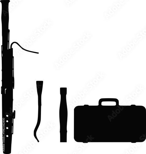 Bassoon woodwind instrument with accessories silhouette vector illustration set