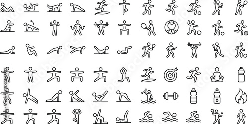 Minimal line icons set of fitness exercises and sports activities featuring stick figures workout poses, yoga, running, training, gym and healthy lifestyle