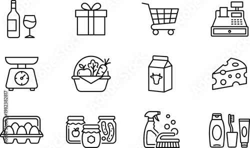 Grocery and retail line icons set, food, shopping cart, dairy, cleaning products and store elements, minimal outline vector illustration isolated