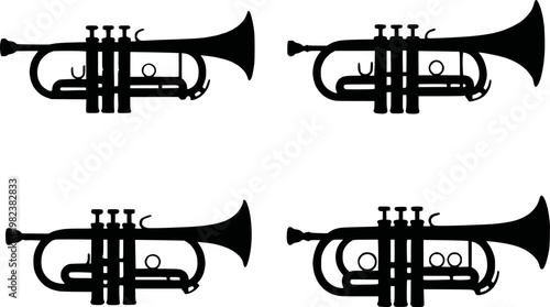 Trumpet brass instrument multiple poses silhouette vector illustration set