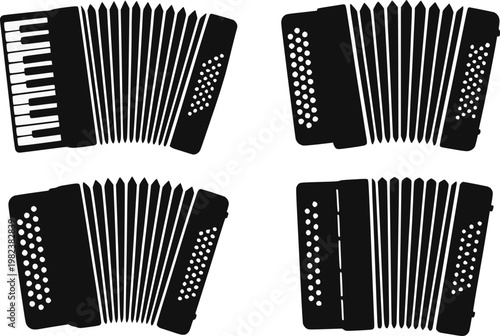 Accordion musical instrument multiple poses silhouette vector illustration set