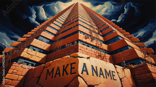 Towering ancient brick ziggurat under dramatic storm clouds with carved make a name inscription, epic biblical concept art