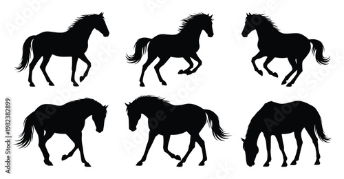 Black silhouette collection six horses in various poses