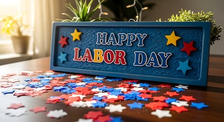 Happy Labor Day wooden sign with stars and confetti on festive table background